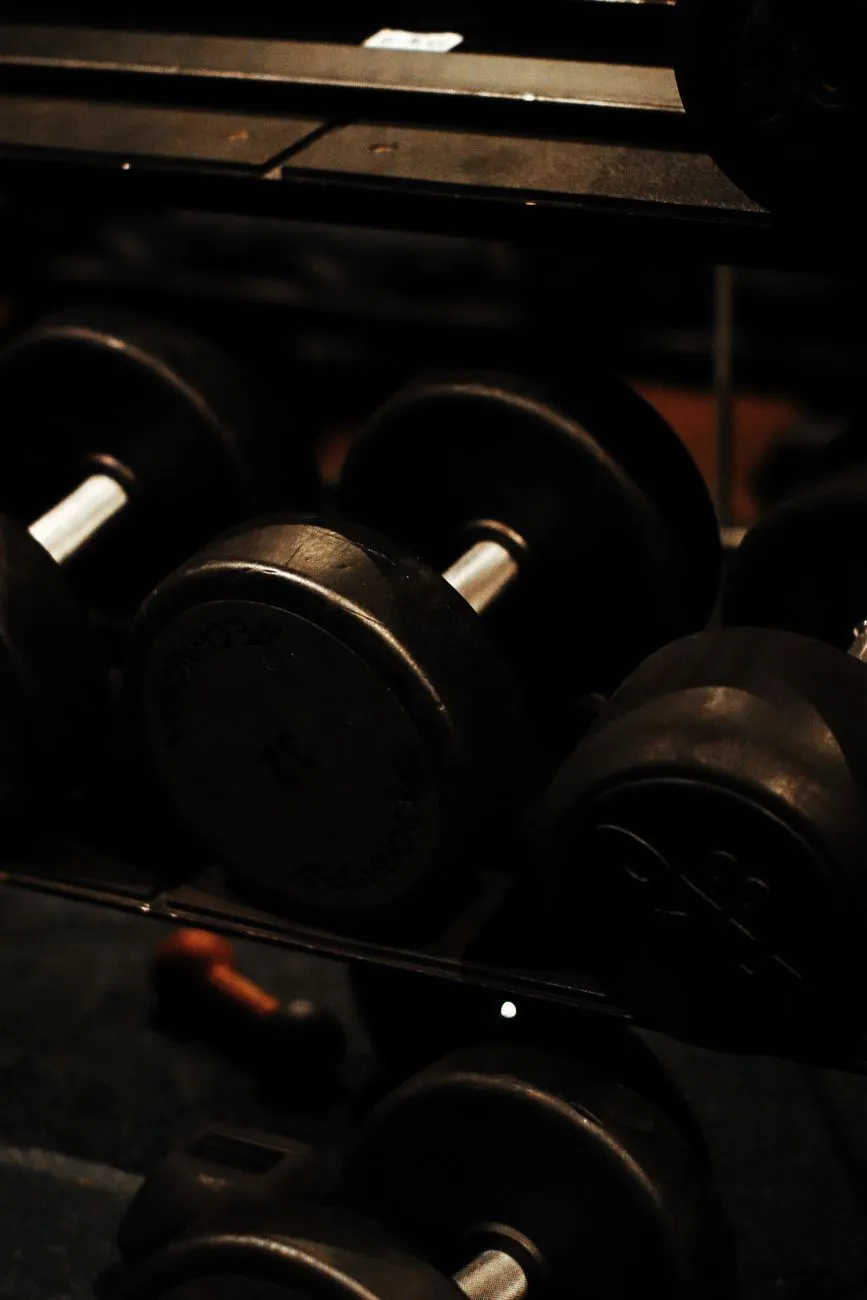 Mancuernas ordenadas en el rack de un gimnasio, luz baja